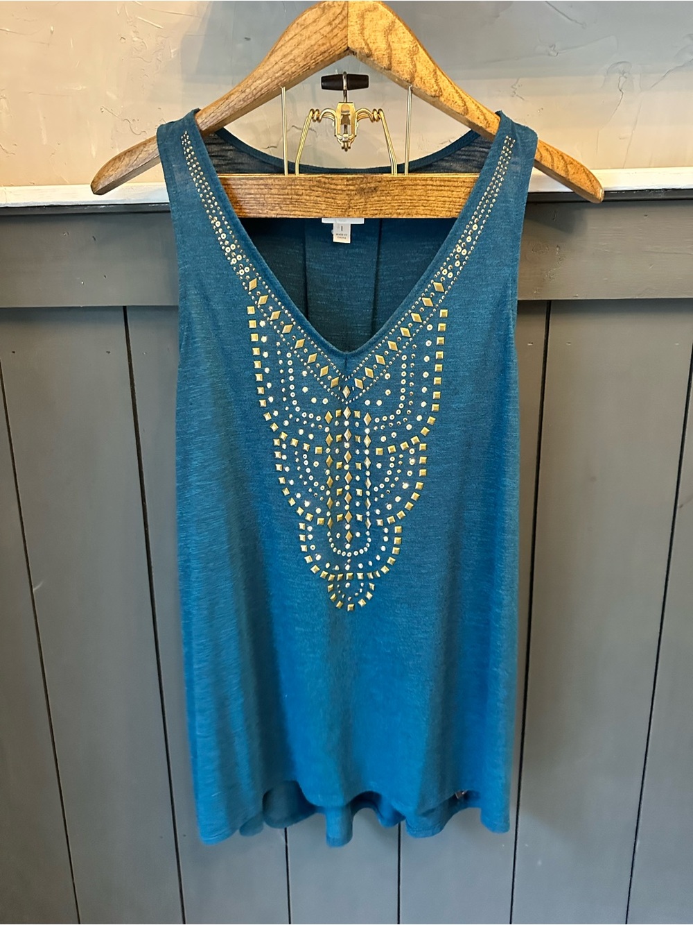 Knox Rose Teal Tank Gold Stud Embellished Boho Top Women’s Size 1